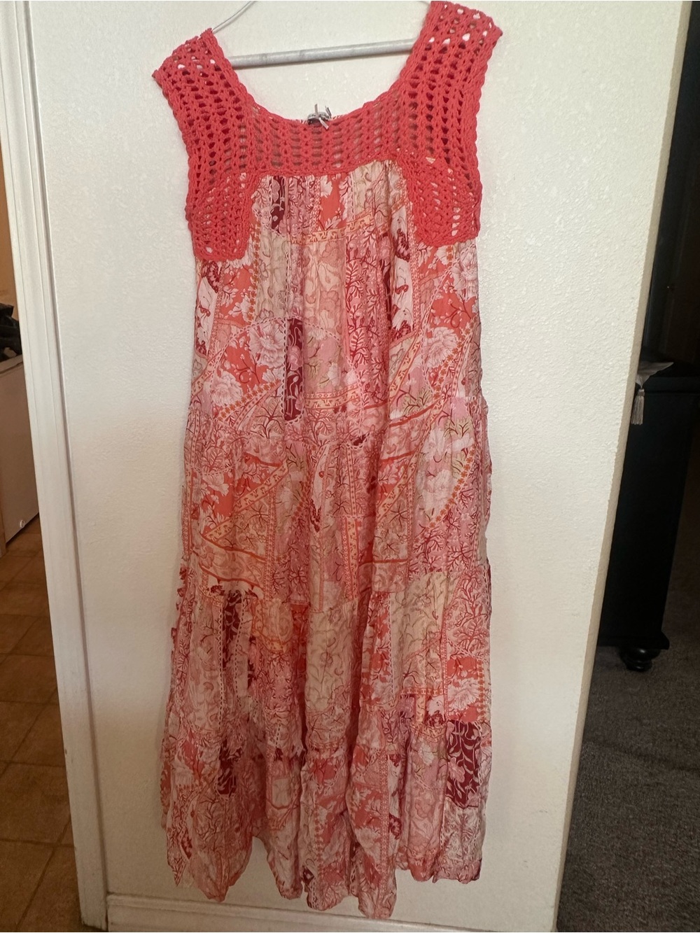 DAVI & DANI Coral and Pink Crochet Yoke Maxi Dress